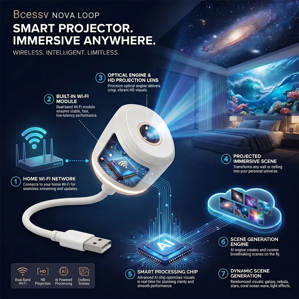 Bcessv® 🌄🌄 HD Smart Dynamic 5D Holographic Night Light Projector
